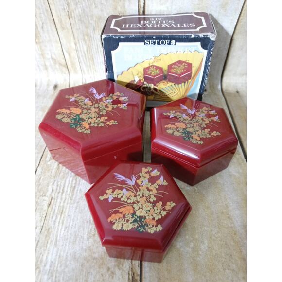 Vtg Trinket Boxes Boites Hexagonales 3 Burgundy Floral Stacking Trinket Boxes - Picture 2 of 5